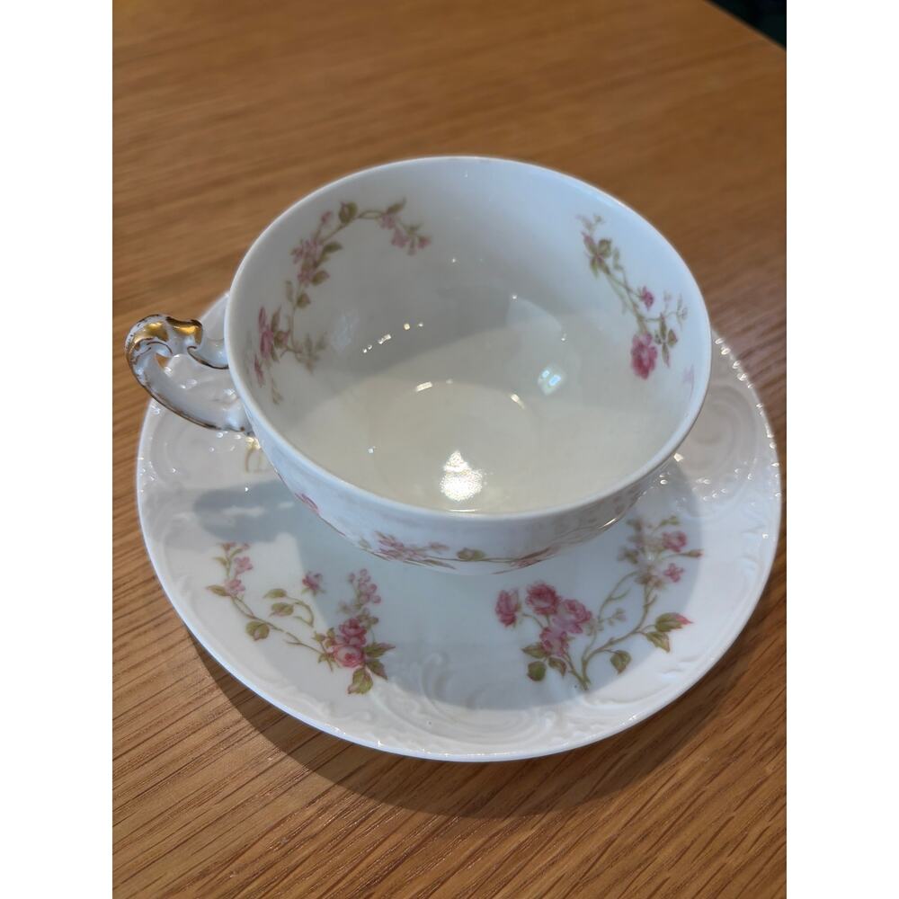 Haviland & Co Limoges France Teacup & Saucer Floral Pink Pansy Ranunculus Gold
